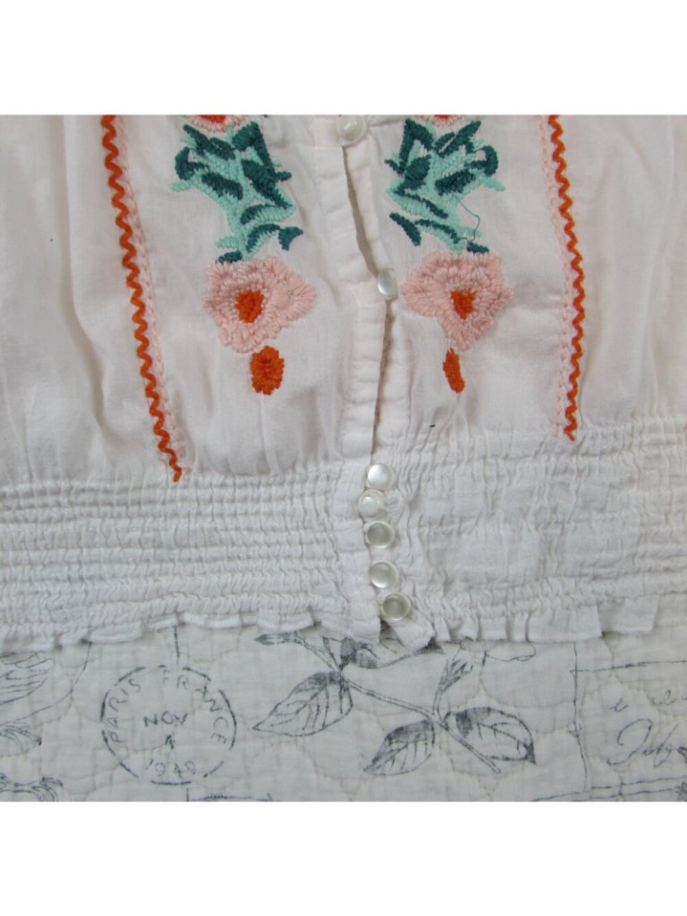 NEW Sundance Floral Embroidered Smocked short Sleeve Peasant Top womens L - Picture 5 of 7